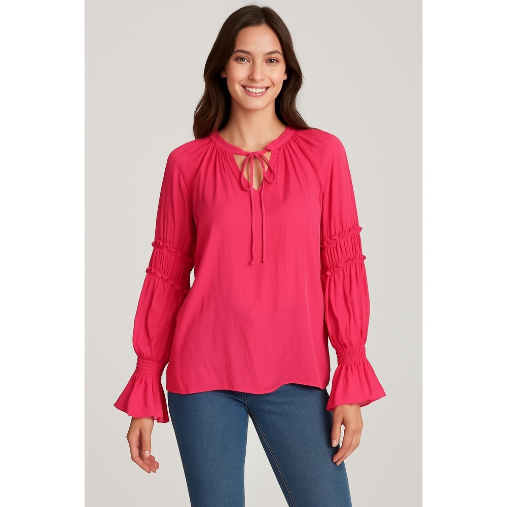 Ramy Brook Hot Pink Tie Neck Bell Sleeve Blouse Size Small
